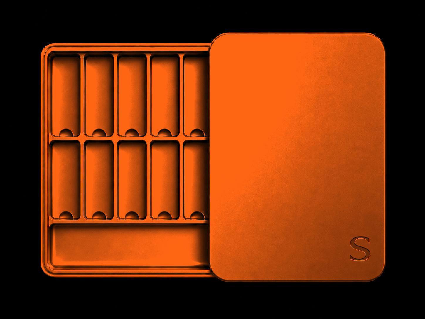SNUMAG in Orange, shown open with its compartment tray